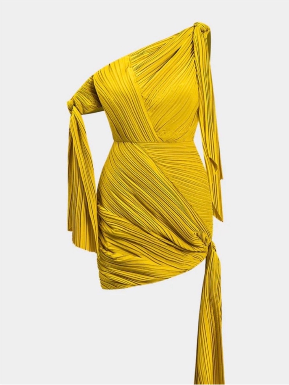 Micas Mustard Yellow Pleated One-Shoulder Dress